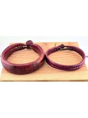 2 Handcrafted Red Leather Bracelets With Black Tribal Engravings 6.75"